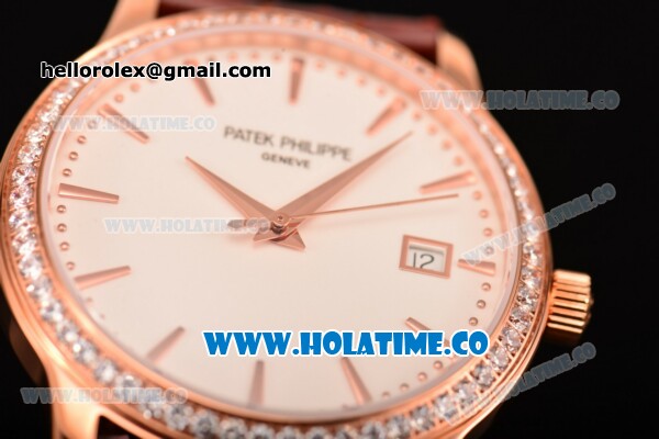 Patek Philippe Calatrava Swiss ETA 2824 Automatic Rose Gold Case with Stick Markers Diamonds Bezel and White Dial - Click Image to Close